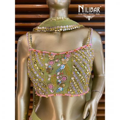 Green Net Short Length Lehenga Set