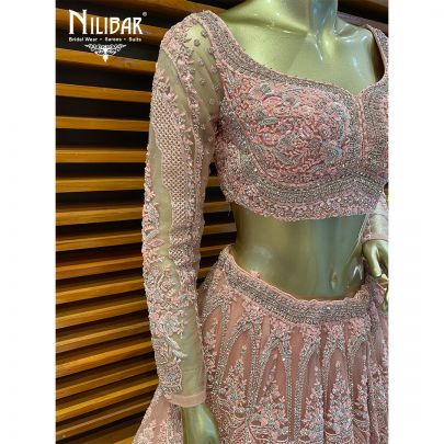 Salmon Pink Net Reception Lehenga