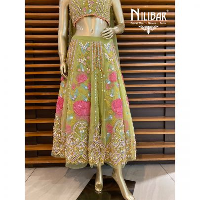 Green Net Short Length Lehenga Set