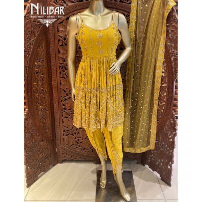 Mango Yellow Georgette and Net Dhoti suit