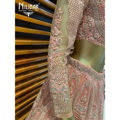Salmon Pink Net Reception Lehenga