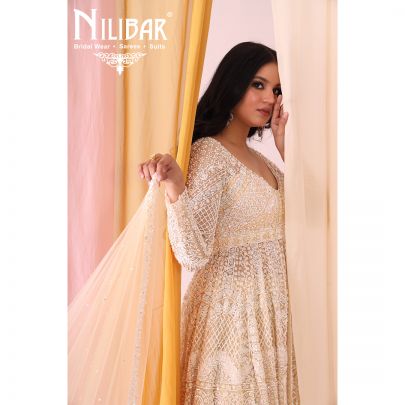 Beige Net and Organza Palazzos Suit