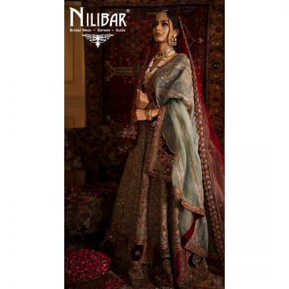 Moss Green and Mehroon Velvet Bridal Lehenga