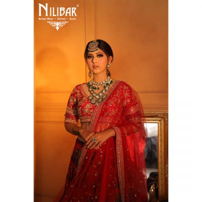 mehroon Silk and Chinon Bridal  Lehenga