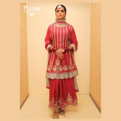 Crimson Pink Chinon Peplum Suit