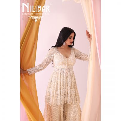 Beige Net and Organza Palazzos Suit