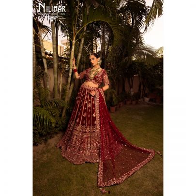 Rosewood Maroon Velvet Bridal Lehenga