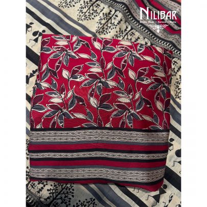 Grey & Red Maheswari Printed Unstitched Suit