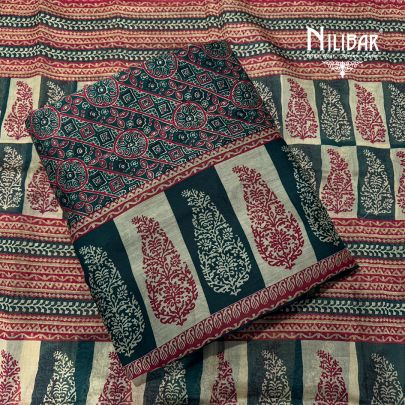 Red & Peacock Green Maheswari Printed Unstitched Suit