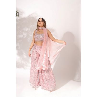 Rose Pink Net Crop Top with Palazzo