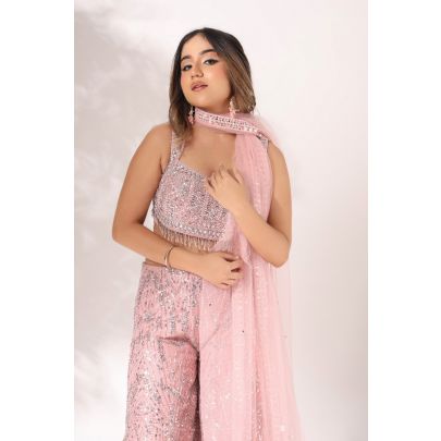 Rose Pink Net Crop Top with Palazzo