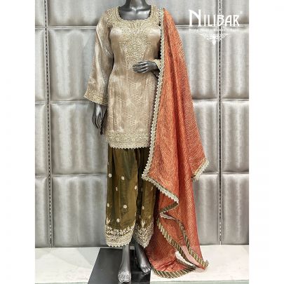 Light Gold and Mehandi Brocade Silk Suit With Rust Dupatta