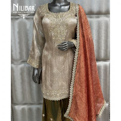 Light Gold and Mehandi Brocade Silk Suit With Rust Dupatta
