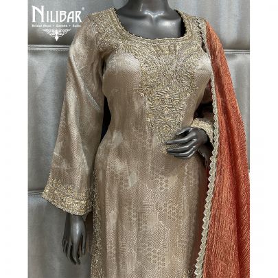 Light Gold and Mehandi Brocade Silk Suit With Rust Dupatta