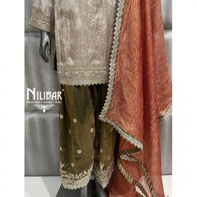 Light Gold and Mehandi Brocade Silk Suit With Rust Dupatta