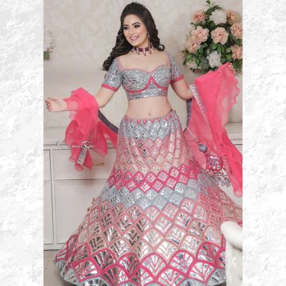 Grey Pink Organza Embroidered lehenga