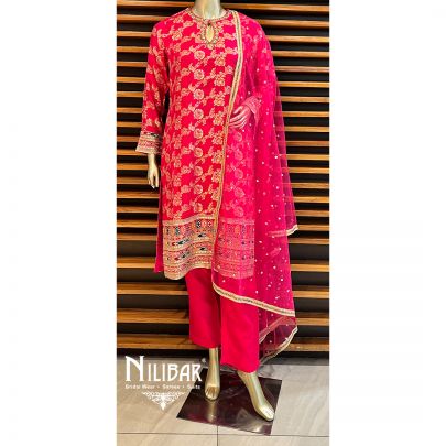 Hot Pink Silk Straight Kurti With Black Trouser