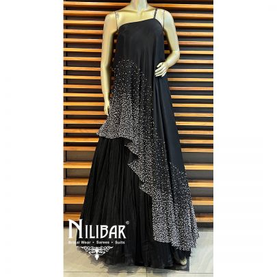 Black Crepe Silk One Shoulder Shirt With Lehenga