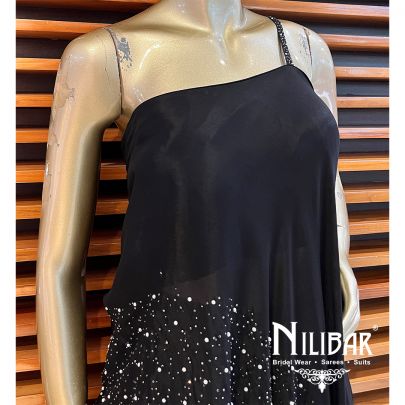 Black Crepe Silk One Shoulder Shirt With Lehenga