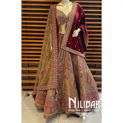 Mehandi Velvet Bridal Lehenga