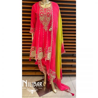 Hot Pink Chinon Dhoti Suit