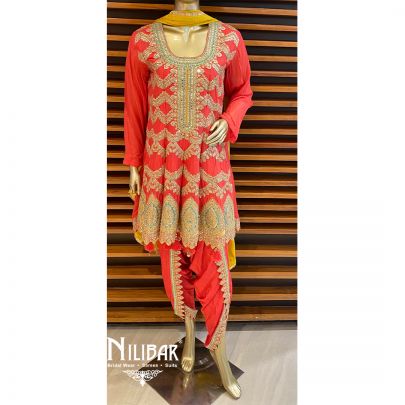 Orange Chinon Dhoti Suit
