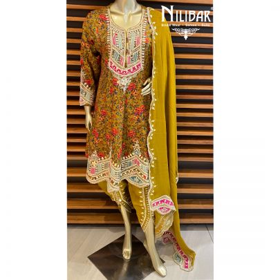 Mustard Crepe Chinon Dhoti Suit