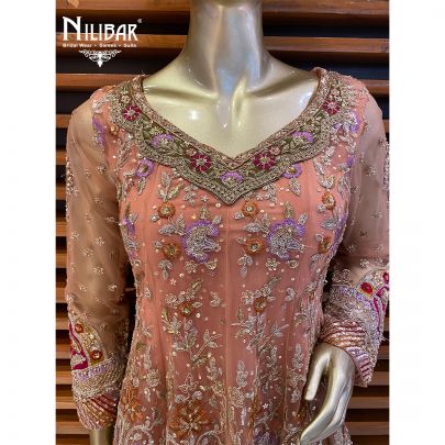 Peach Net Heavy Short Anarkali Suit