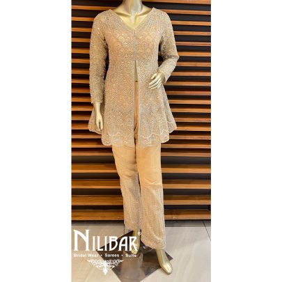 Beige Silk Net Pant Suit