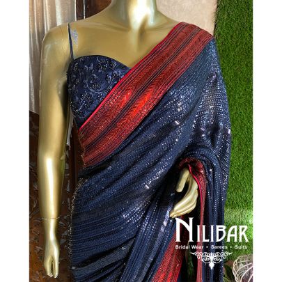 Navyblue/Red Georgette Saree