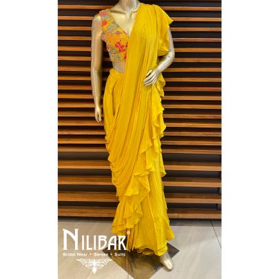 Yellow Crepe Drape Sari