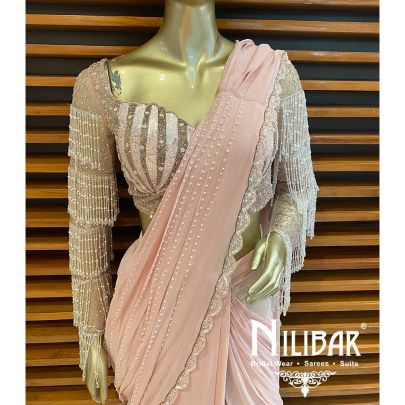 Pale Pink Georgette Net Drape Sari