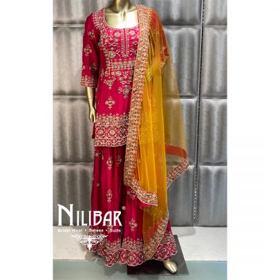 Yellow And Pink Silk Net Palazzo Suit