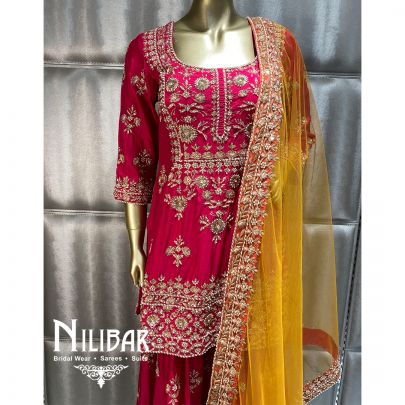 Yellow And Pink Silk Net Palazzo Suit