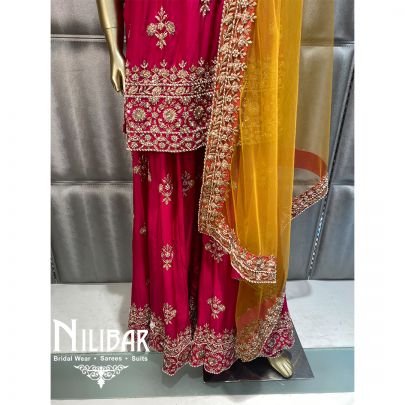 Yellow And Pink Silk Net Palazzo Suit