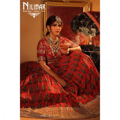 mehroon Silk and Chinon Bridal  Lehenga