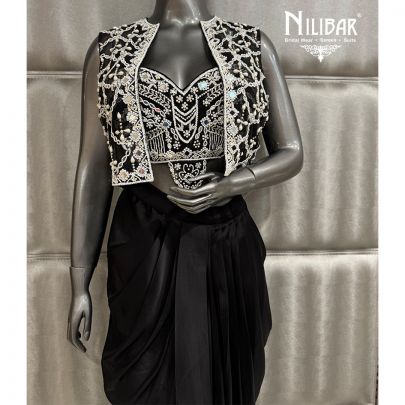 Black Satin Net Top & Jacket Paired With Pleated Skirt
