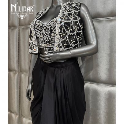 Black Satin Net Top & Jacket Paired With Pleated Skirt