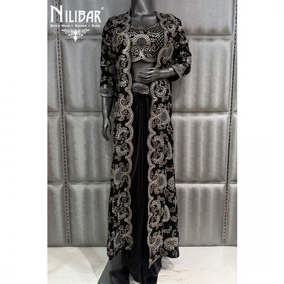Black Satin Georgette Crop Top Paired With Long Shrug