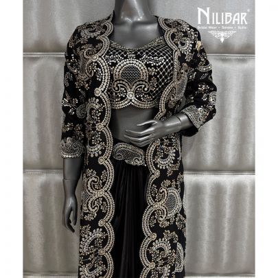 Black Satin Georgette Crop Top Paired With Long Shrug