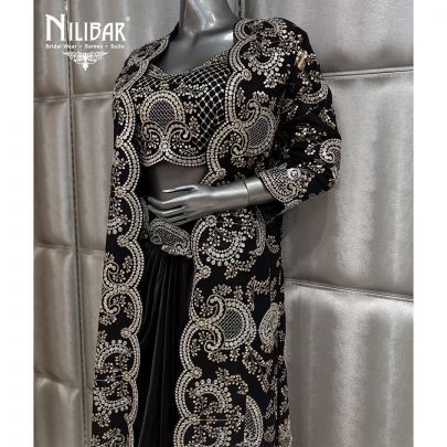 Black Satin Georgette Crop Top Paired With Long Shrug