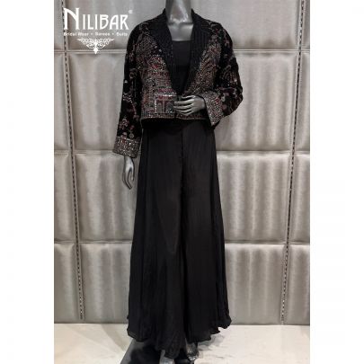 Black Crepe Crop Top Paired With Georgette Jacket & Jaffa Pants