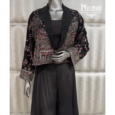 Black Crepe Crop Top Paired With Georgette Jacket & Jaffa Pants