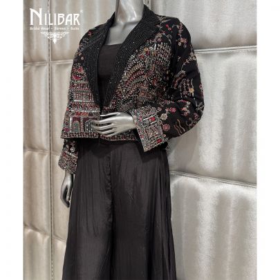 Black Crepe Crop Top Paired With Georgette Jacket & Jaffa Pants