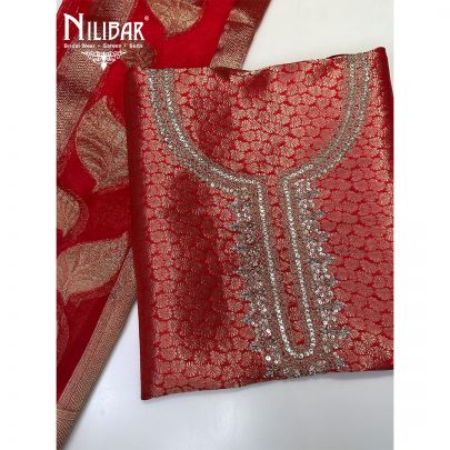 Red Brocade Silk Unstitched Suit