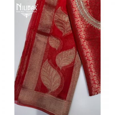 Red Brocade Silk Unstitched Suit