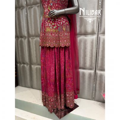 Hot Pink Crepe & Soft Net Short Shirt Paired With Jaffa Pants