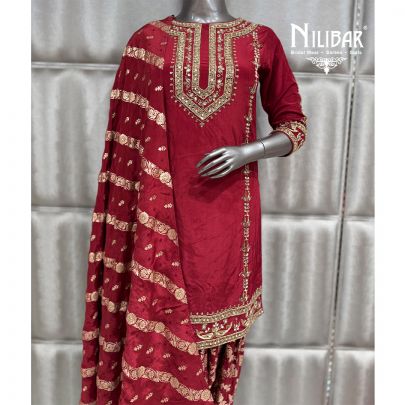 Red Crepe Banarasi Short Shirt Paired with Banarsi Dhoti Pants & Dupatta