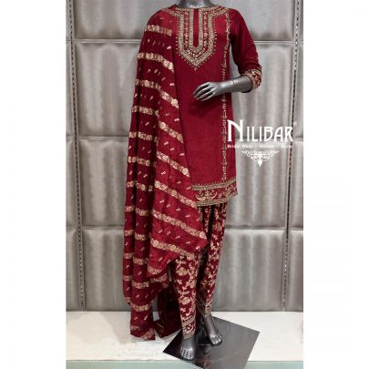 Red Crepe Banarasi Short Shirt Paired with Banarsi Dhoti Pants & Dupatta