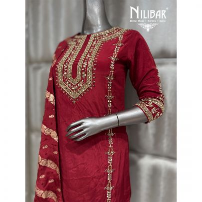 Red Crepe Banarasi Short Shirt Paired with Banarsi Dhoti Pants & Dupatta